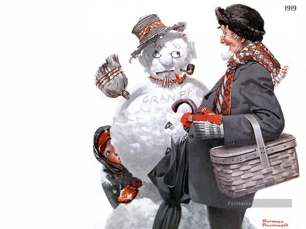 El abuelo y el muñeco de nieve Norman Rockwell. Pintura al óleo